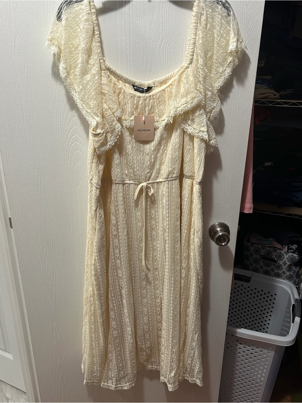BloomChic Ivory Lace Midi Dress with Ruffle Sleeves